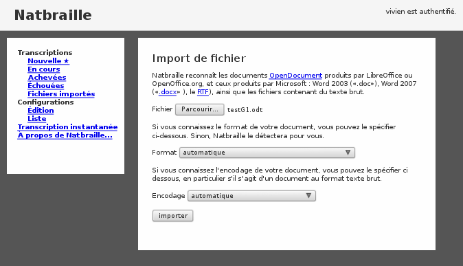 copie d'écran de la version serveur : import de fichier